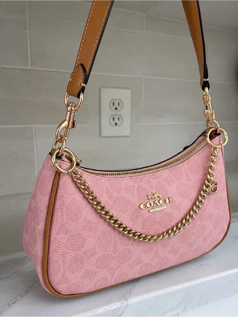 Coach Pink Signature Canvas Crossbody with Gold Chain Trim
